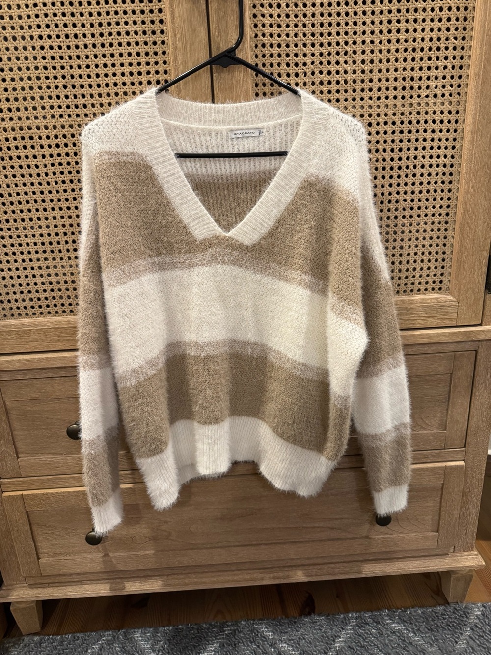 Staccato V-Neck Striped Sweater in Cream and Tan-size small
